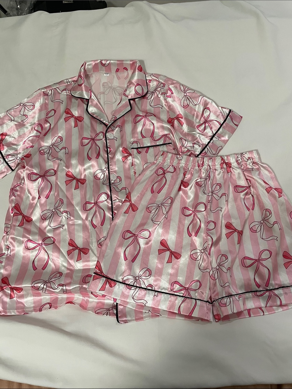 Silky Pink Striped Bow-Print Short Pajama Set
